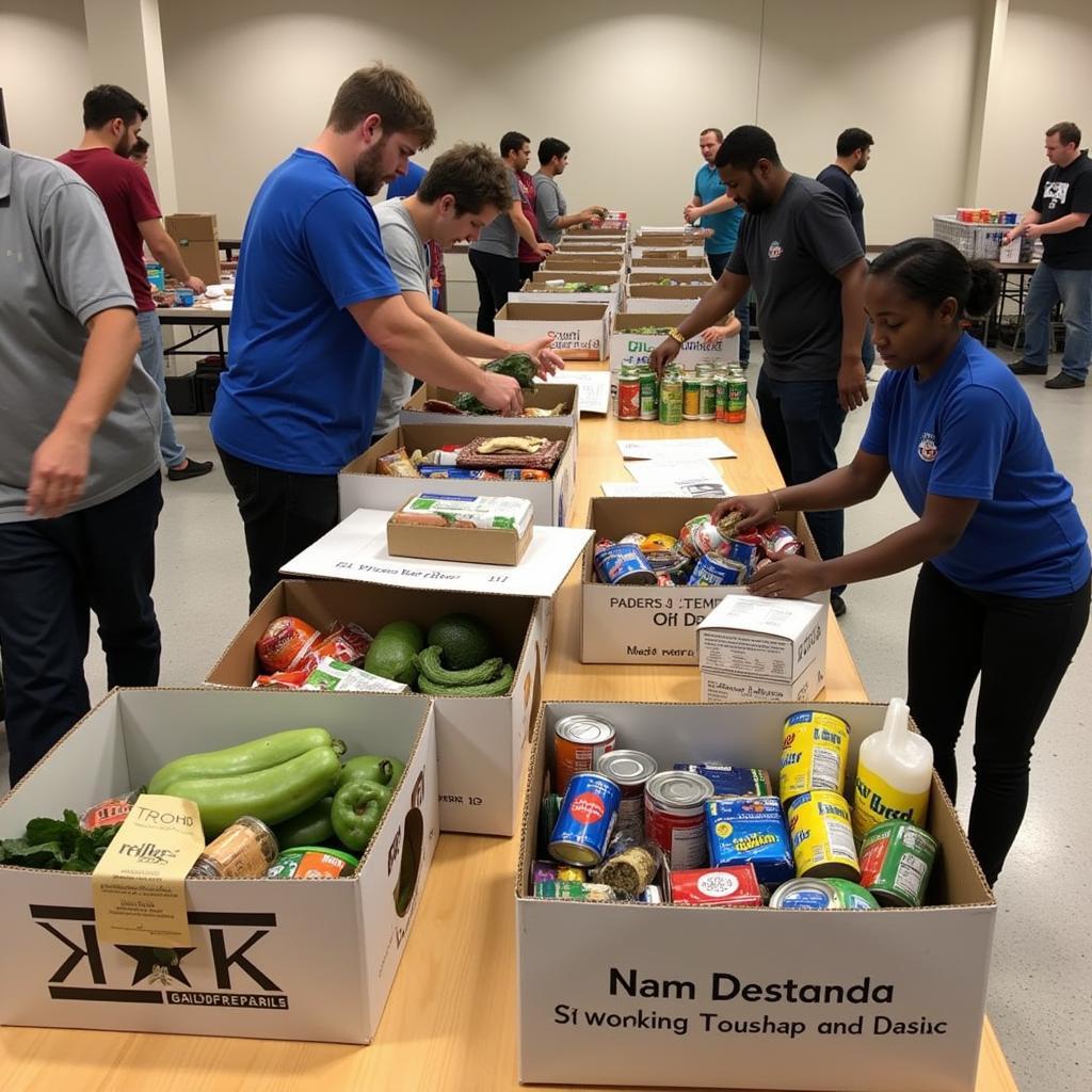 Food donations being sorted and prepared for distribution at a civic center food giveaway