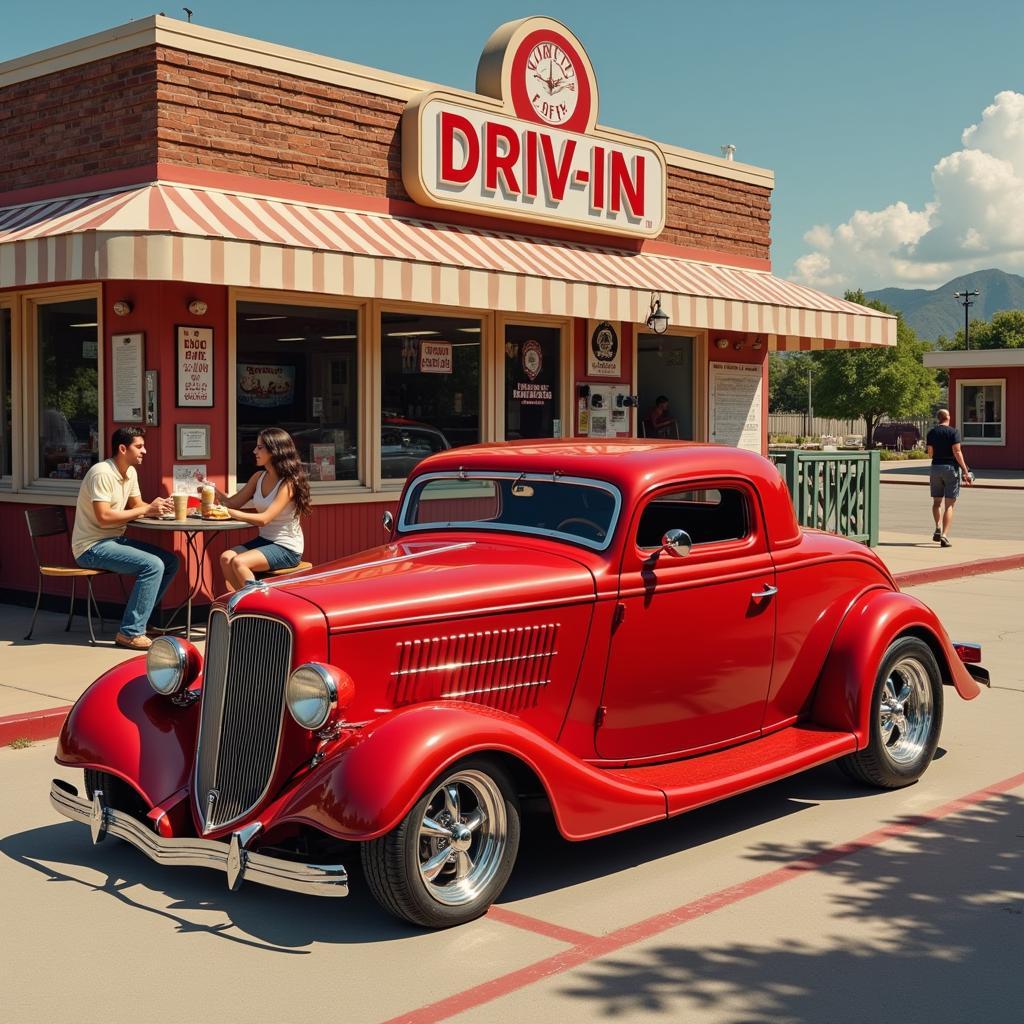 A classic drive-in scene with a hot rod parked outside, a couple enjoying burgers and fries, and a vintage soda fountain in the background.