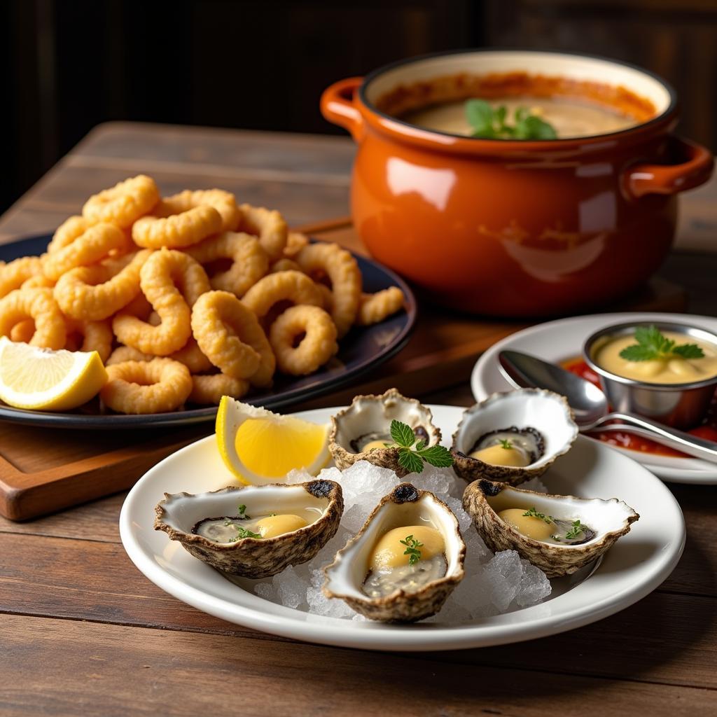 A beautifully plated assortment of classic Toronto appetizers, including calamari, French onion soup, and oysters.