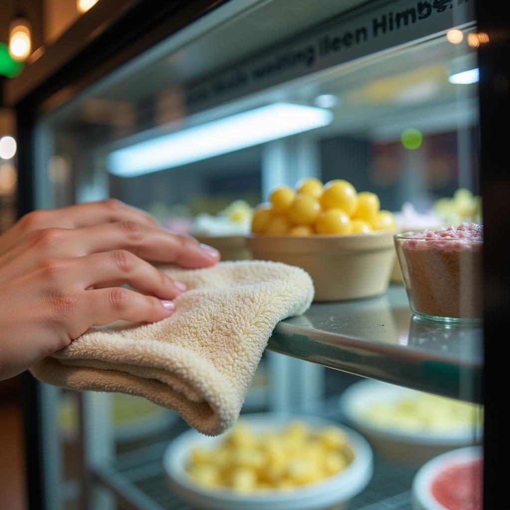 A person cleaning a display case with a microfiber cloth.