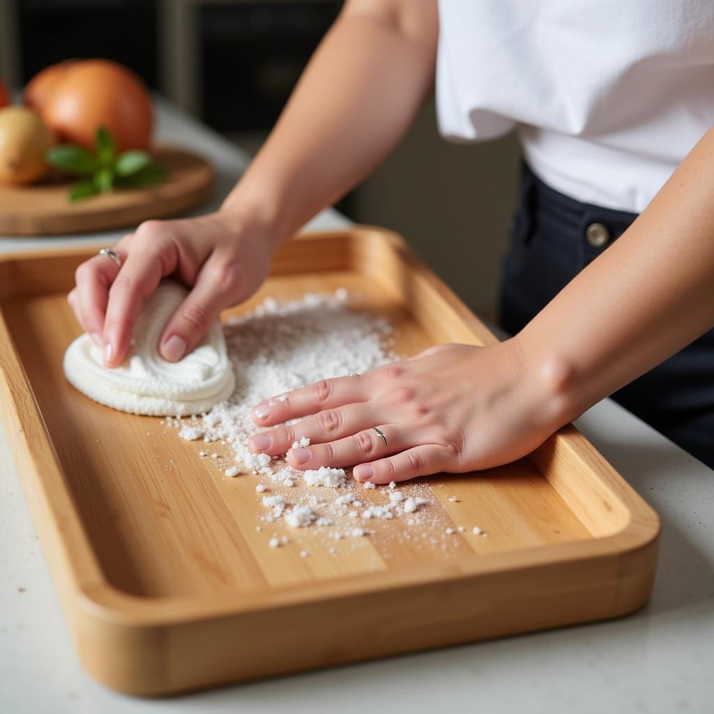 Cleaning Food Wood Tray with Mild Soap and Water