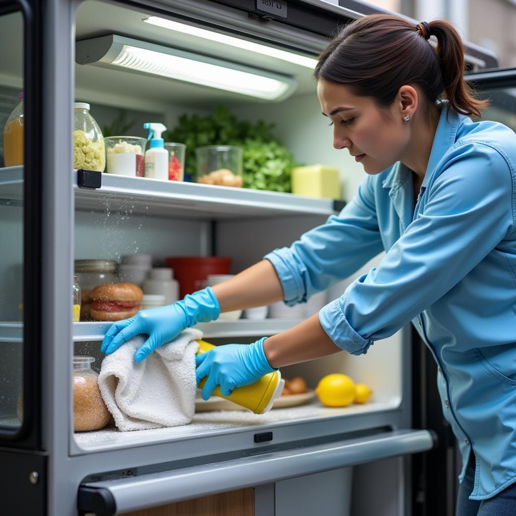 Person cleaning the interior of a refrigerated food cart