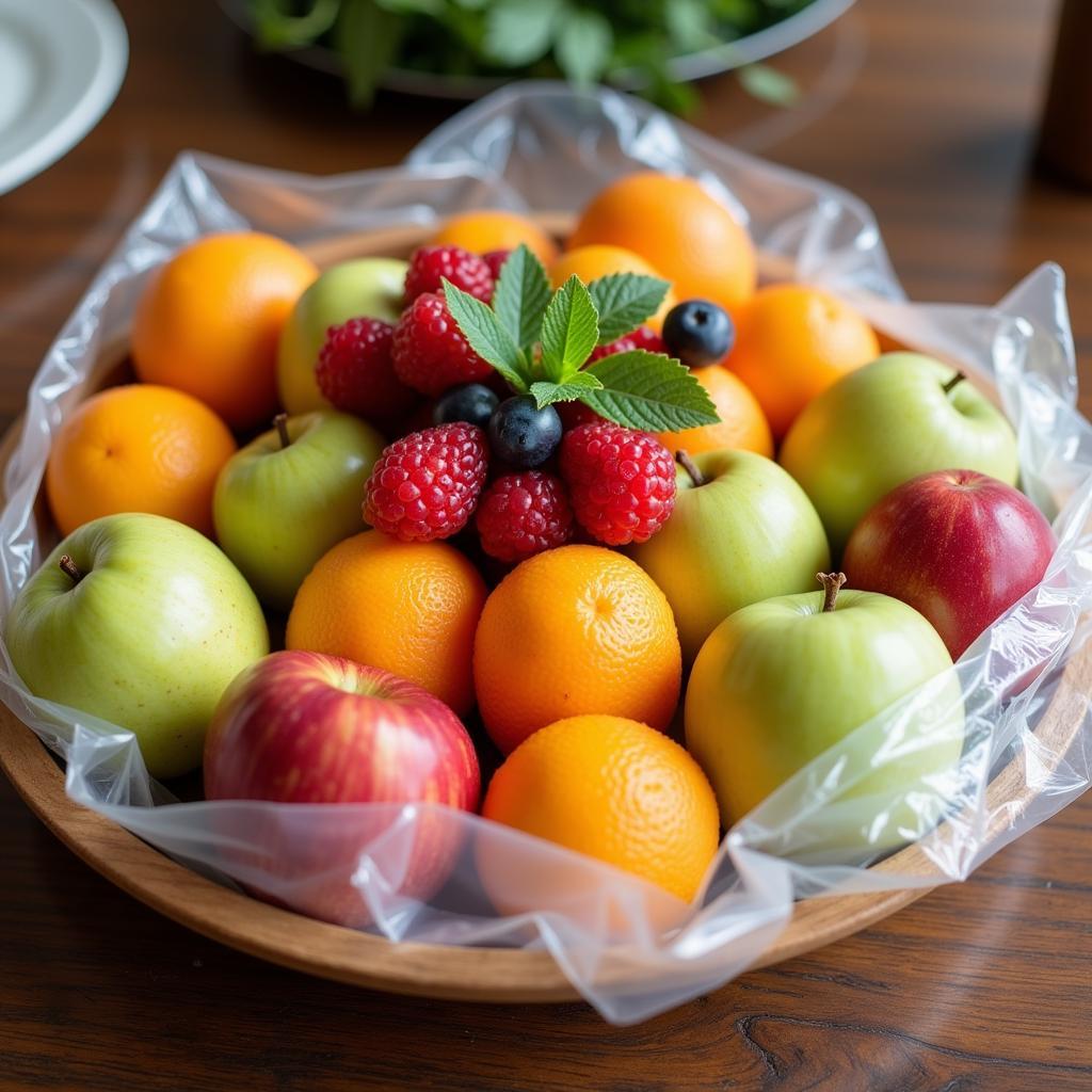 Clear wrapping paper preserving the freshness of a vibrant fruit platter