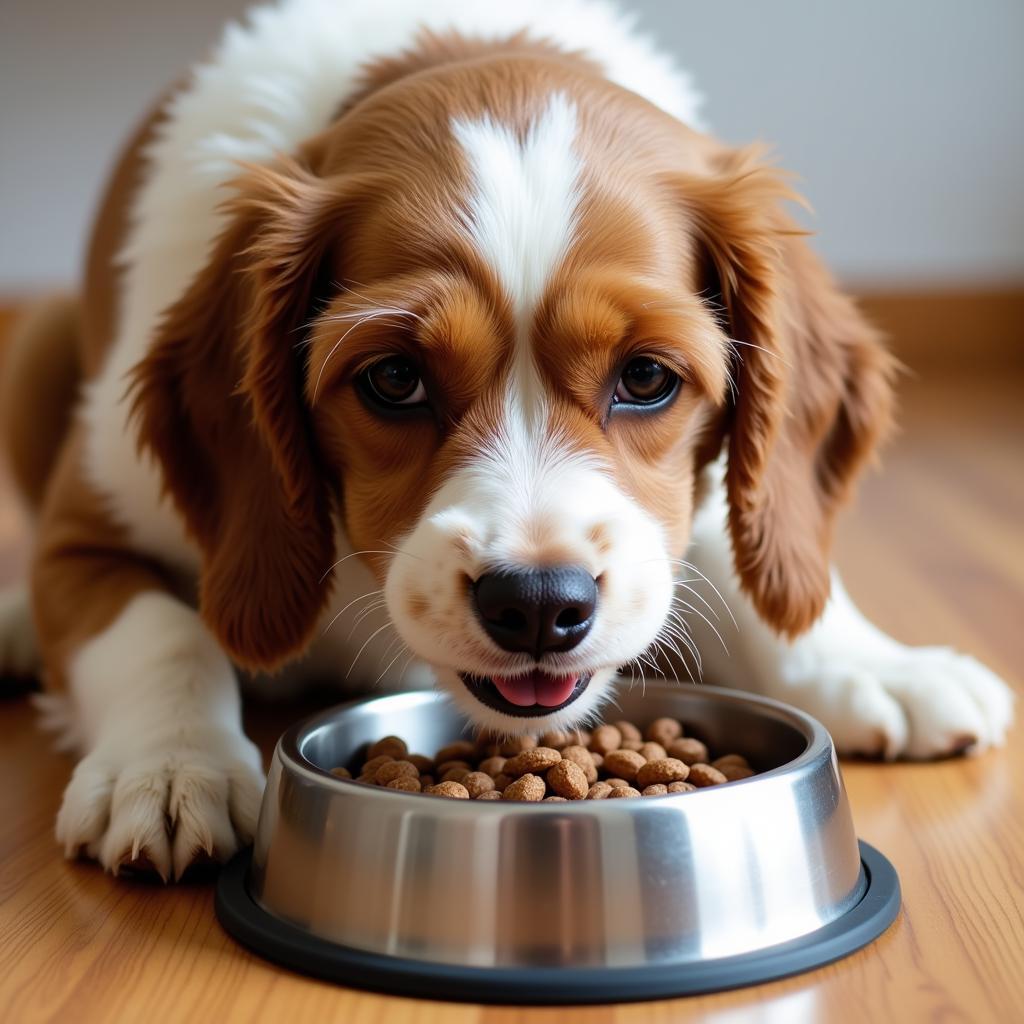 A happy cockapoo enjoying a bowl of kibble