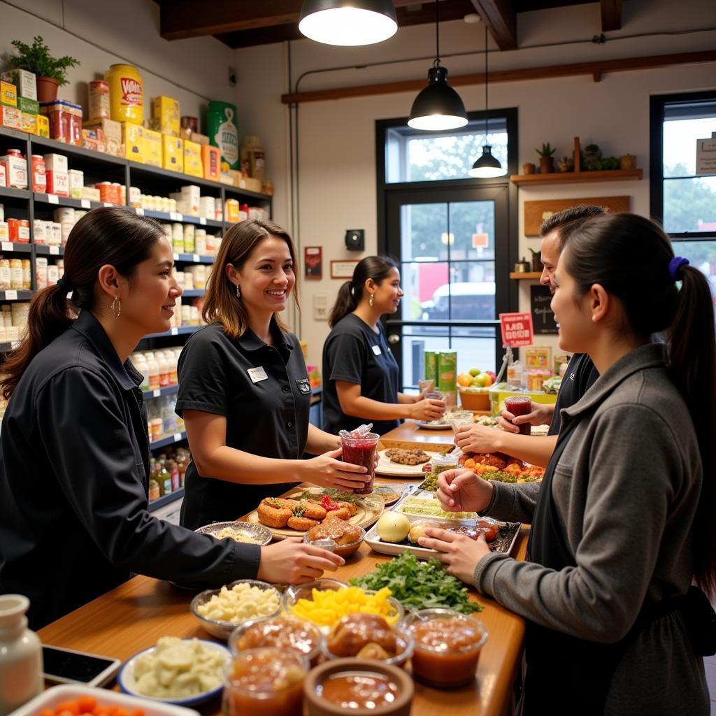 Customers interacting with staff at a Colombian food store