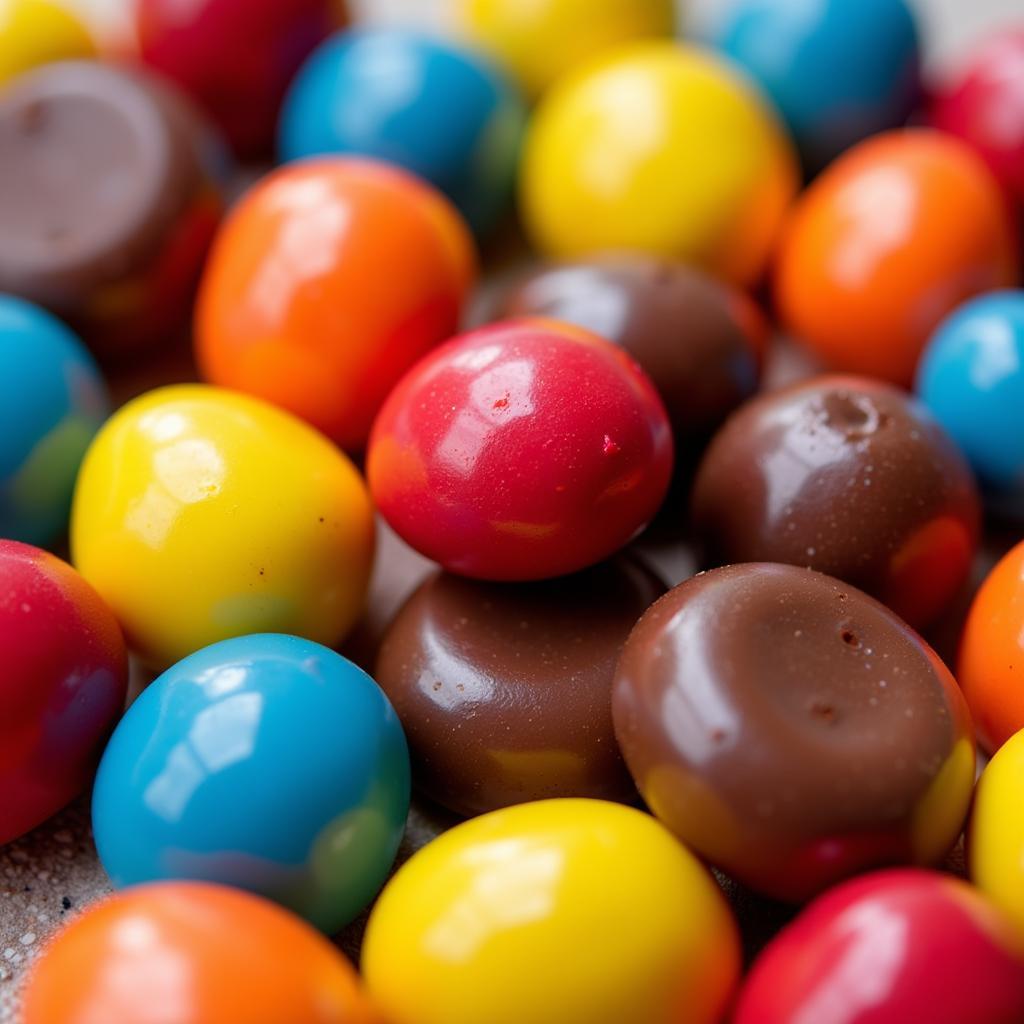 A variety of colorful chocolate candies, demonstrating the vibrant hues achievable with food coloring oil.