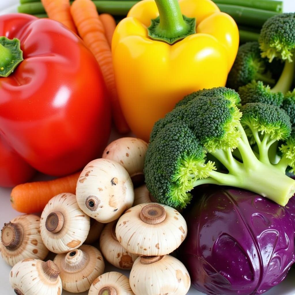 A platter of vibrant, colorful vegetables arranged according to the food color wheel, showcasing a variety of textures and colors.