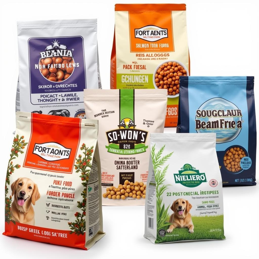 Various bags of commercial salmon and chickpea dog food