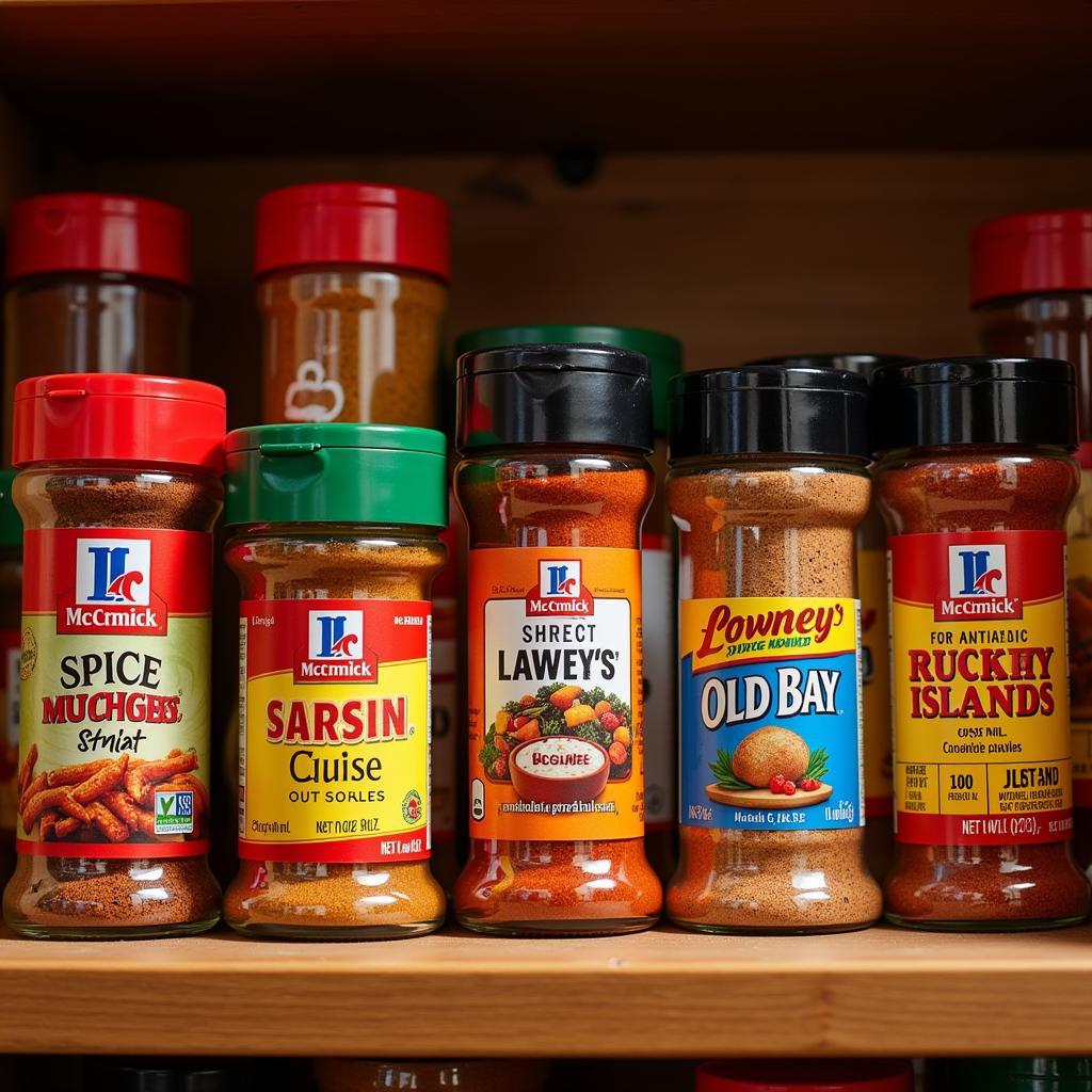 Various jars of popular food seasoning brands often found in crossword puzzles.