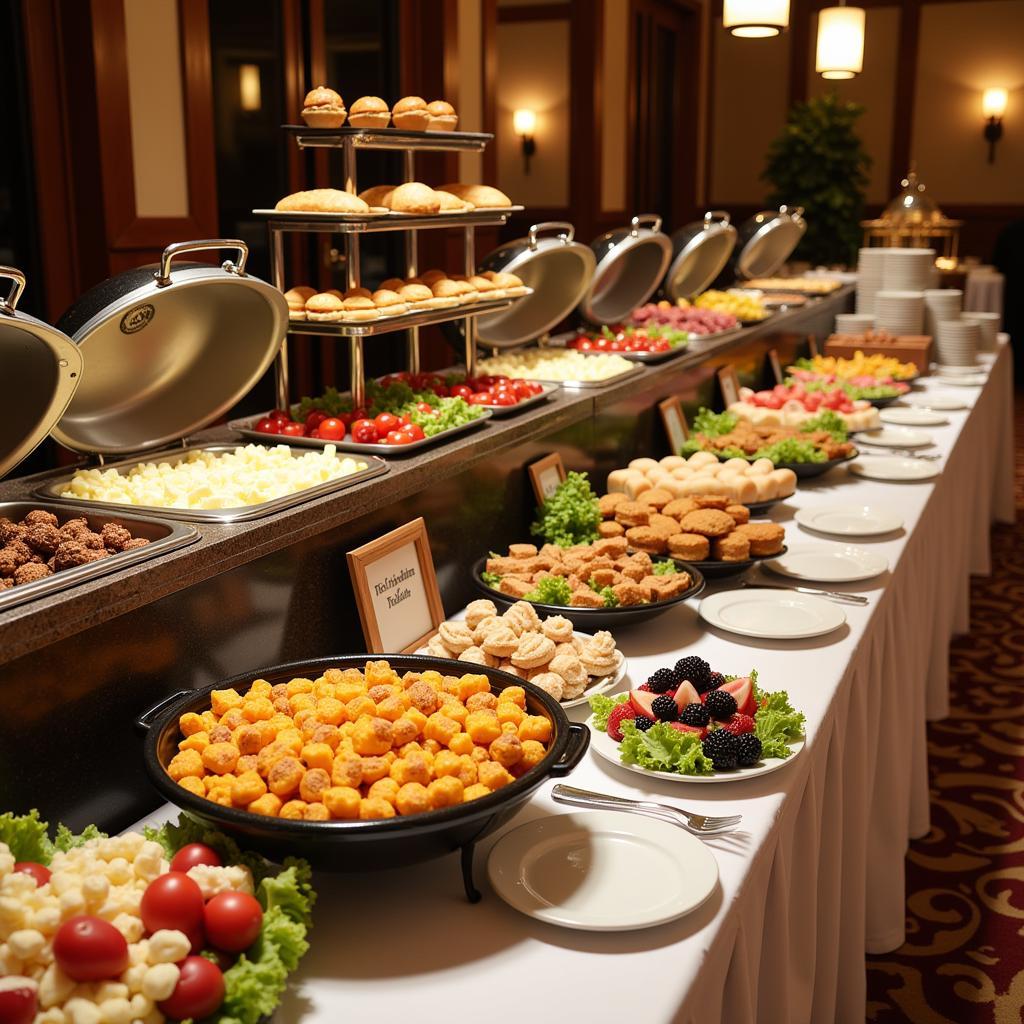 A buffet setup for a communion party with a variety of hot and cold dishes, desserts, and drinks.