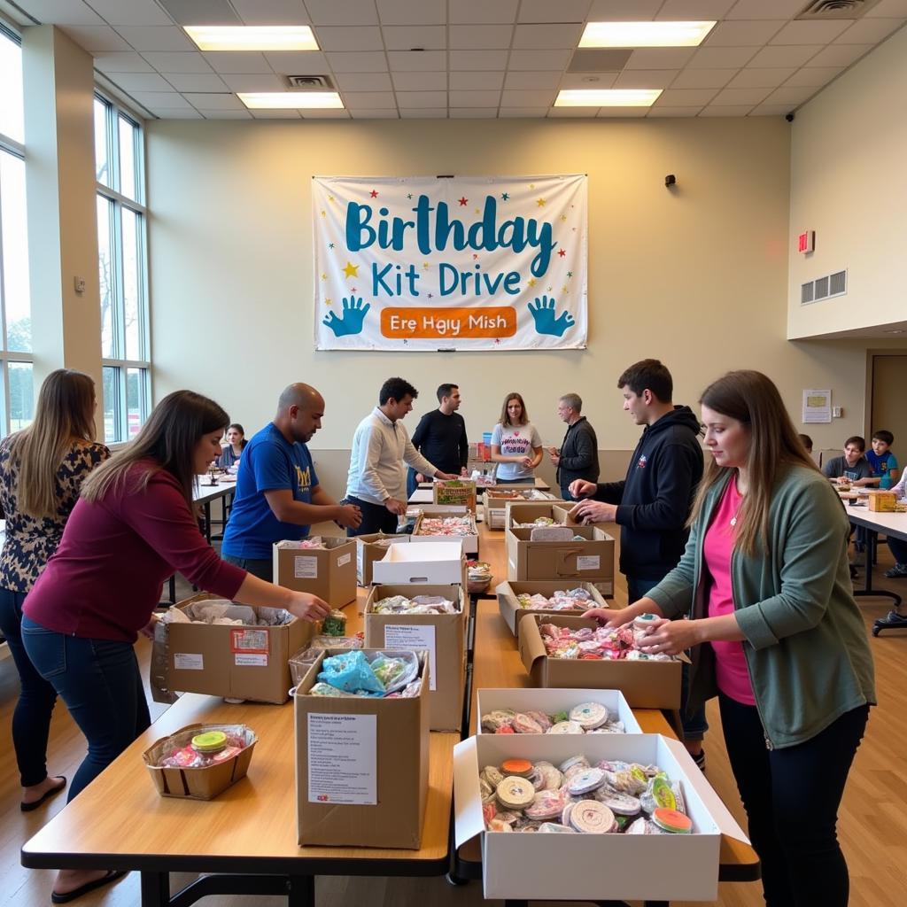 Volunteers collecting donated birthday kits for a local food pantry drive.