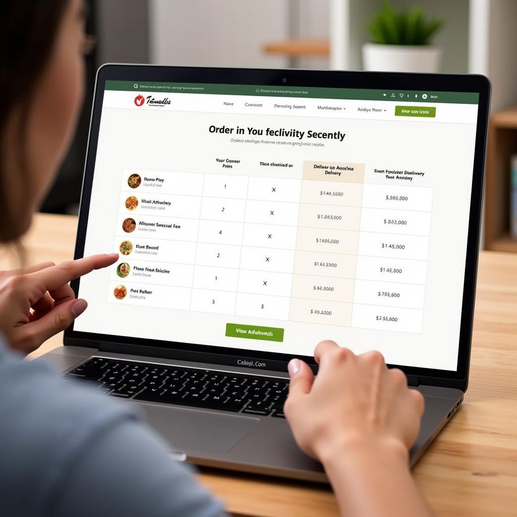 Comparing food delivery prices using a calculator on a laptop.