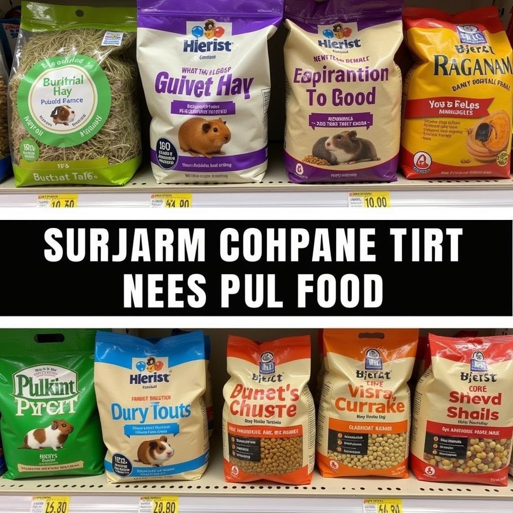 A variety of guinea pig food brands on a shelf