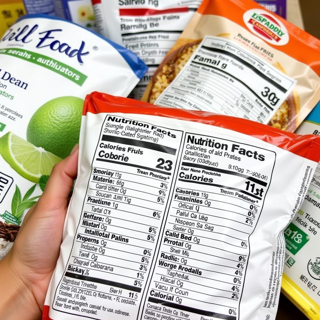 Close-up of nutritional labels on different survival food samples