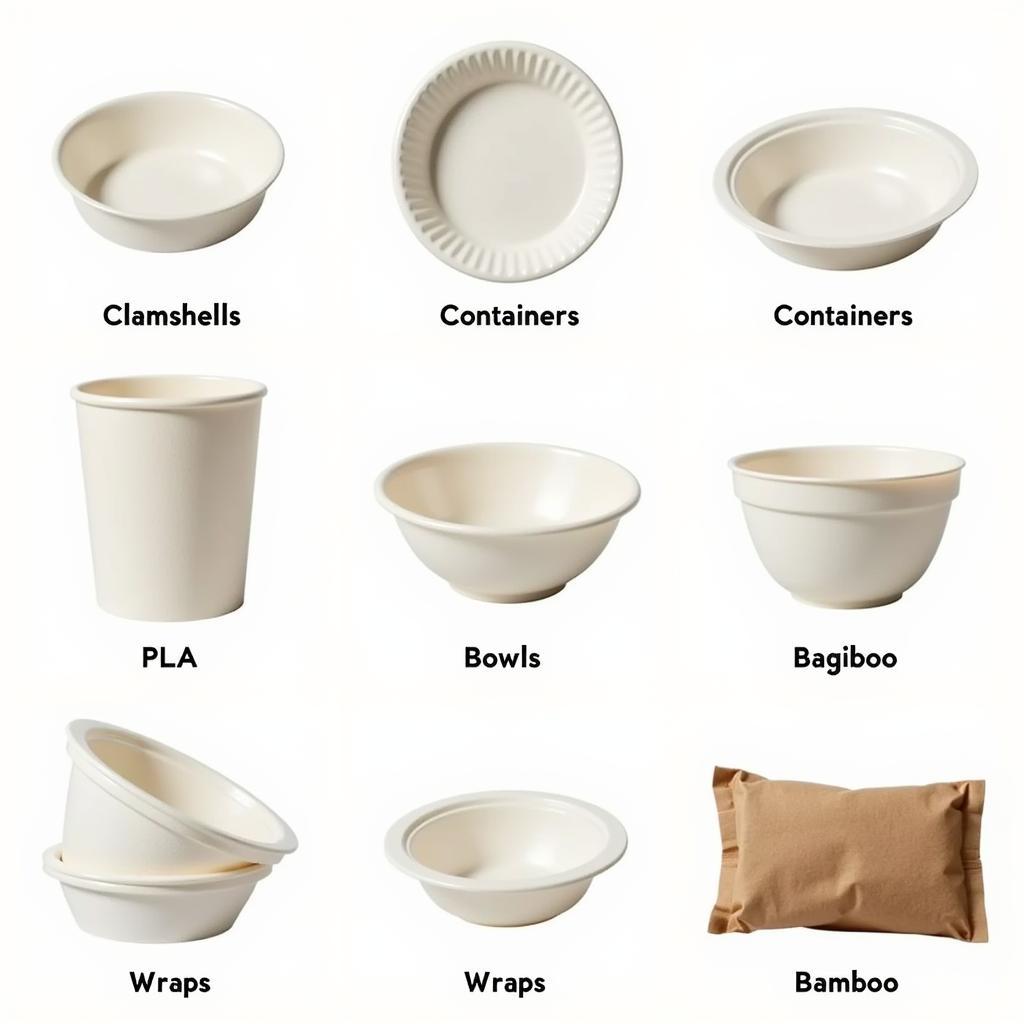 Various types of compostable food packaging on display