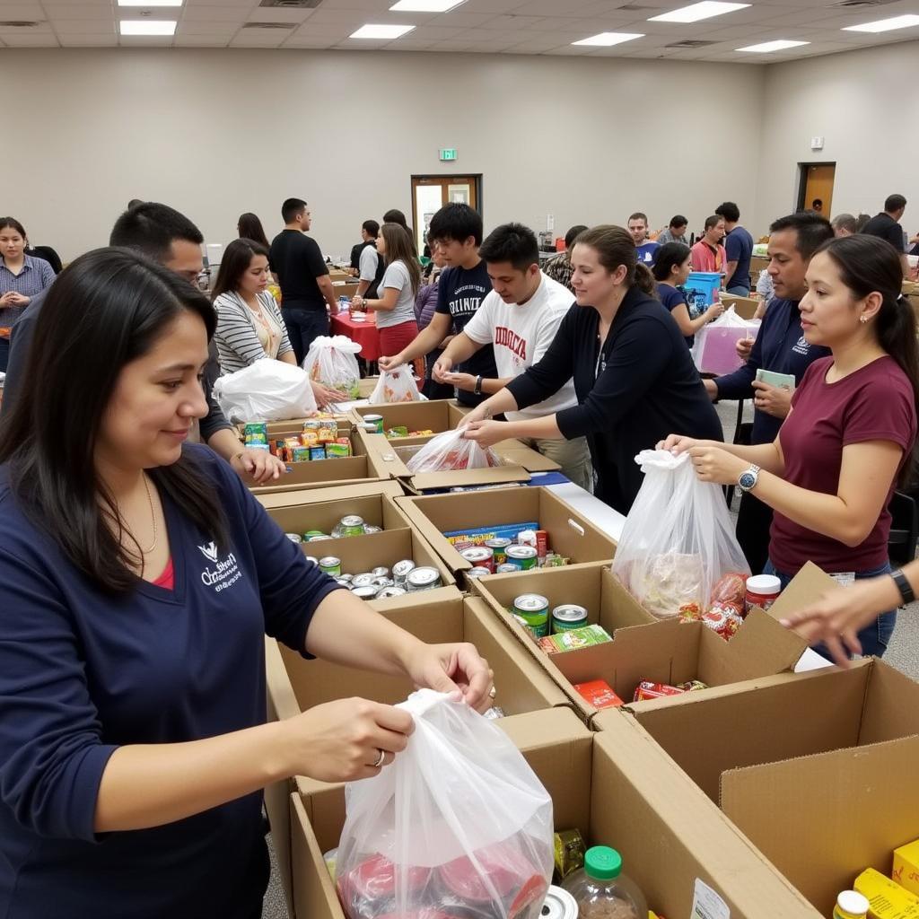 Volunteers sorting and packing food at a Comunidad de Cristo food distribution center