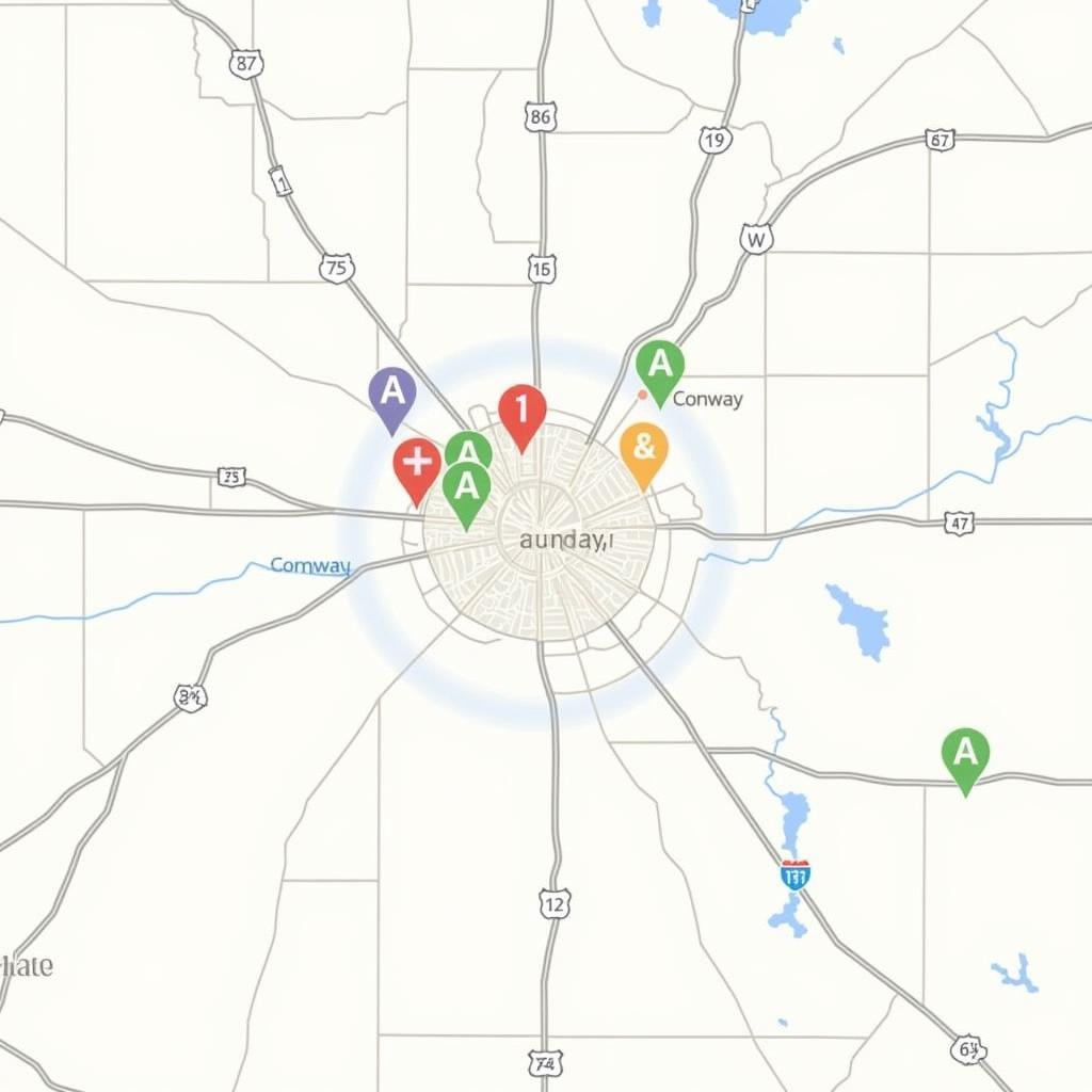 Map of Conway, Arkansas highlighting food pantry locations