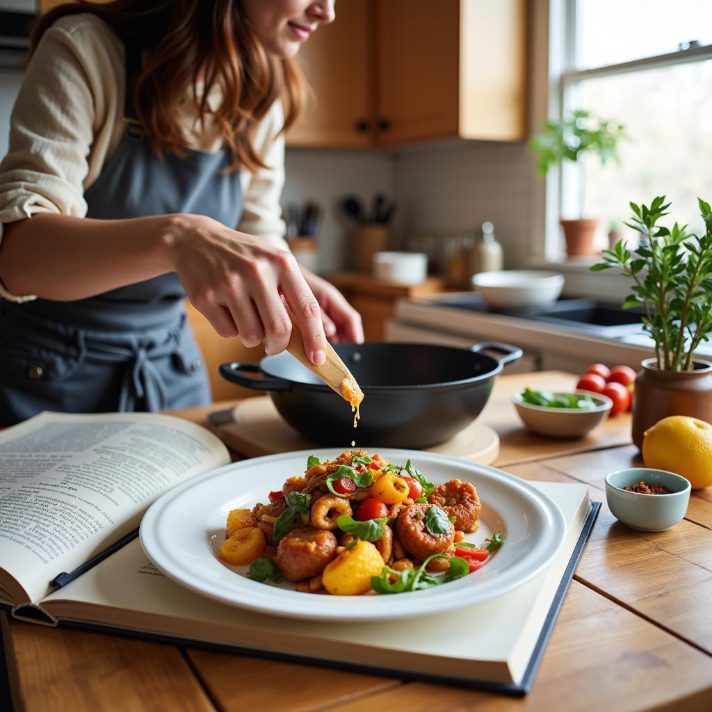 A person cooking street food in their home kitchen, following a recipe from a cookbook.