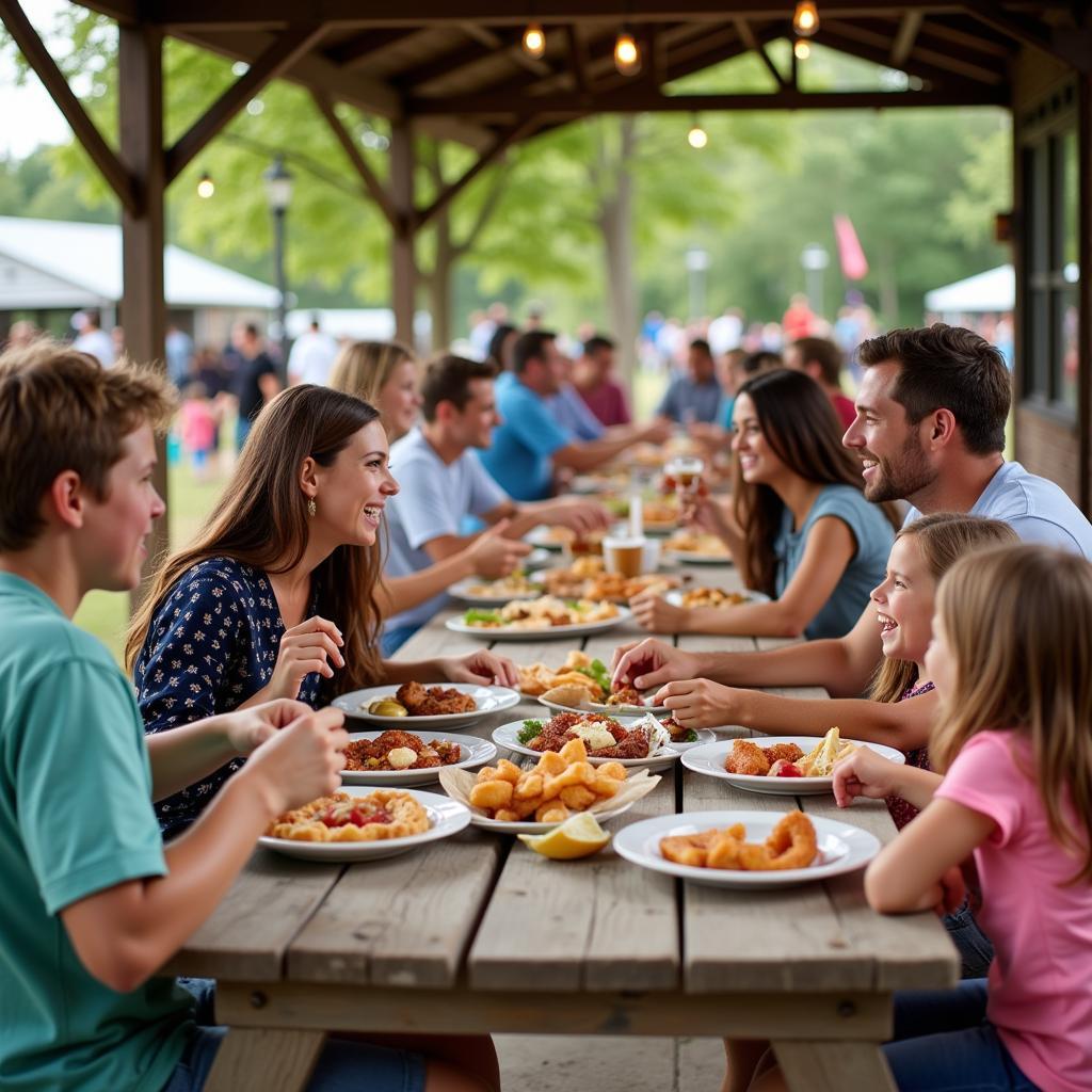 Families enjoying a picnic of covered bridge festival food.