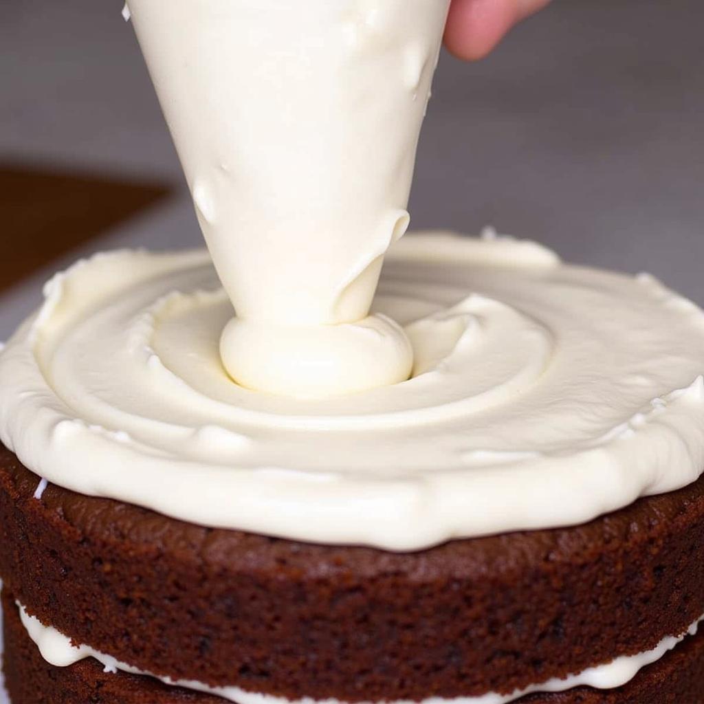 Cream cheese frosting being piped onto a devil's food cake.