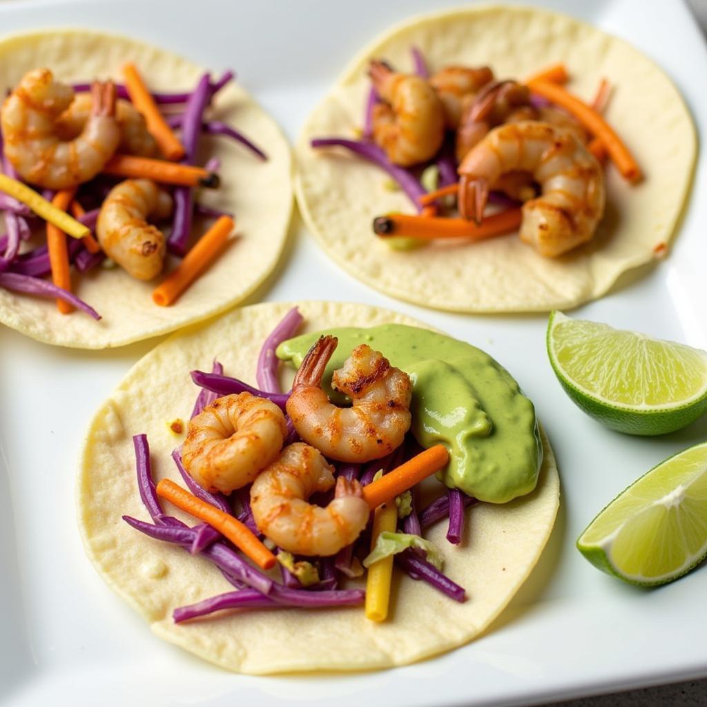 Creative Football Shrimp Tacos: A plate of colorful shrimp tacos with fresh slaw and avocado sauce, a vibrant and flavorful option for game night.