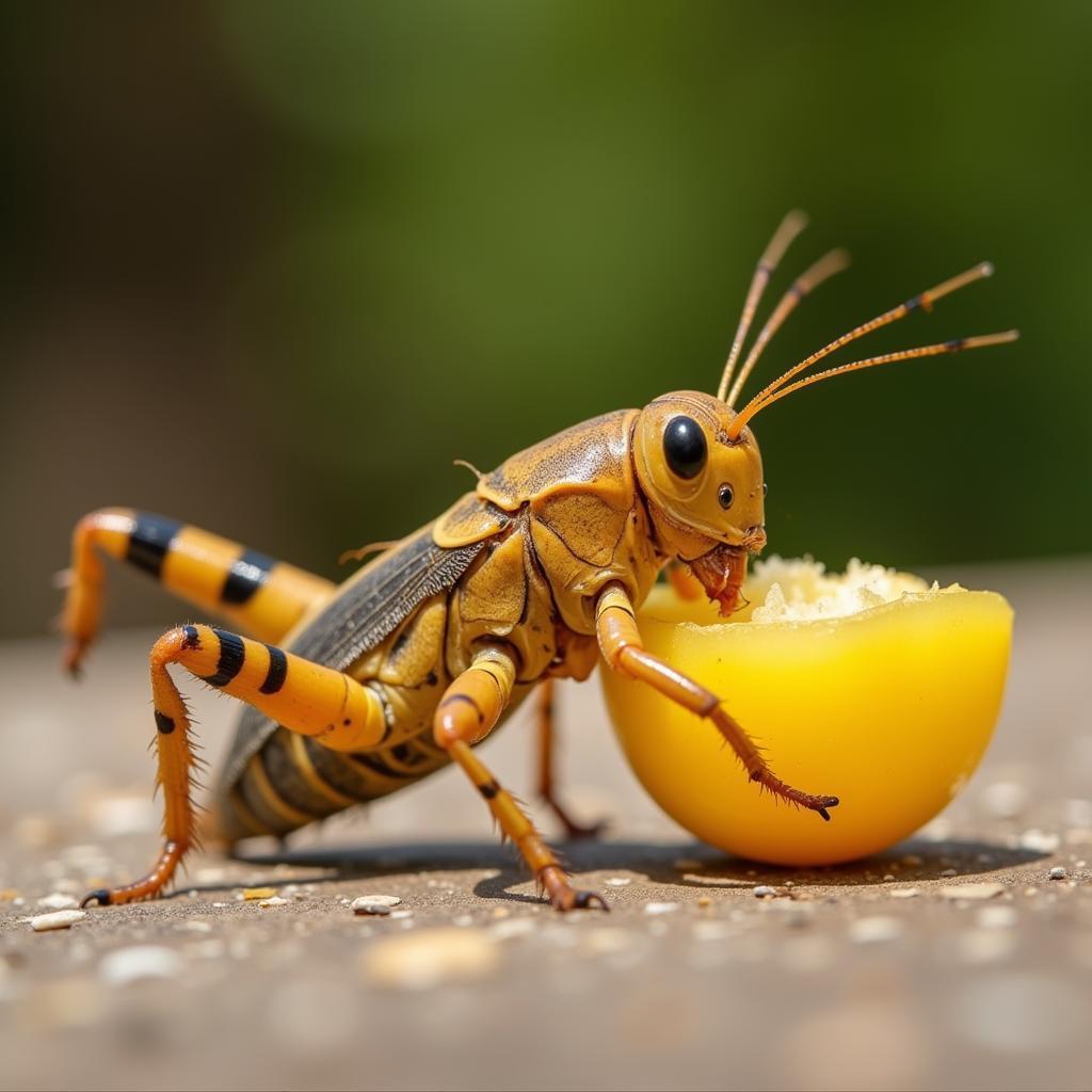 Cricket Diet and Survival: A healthy cricket feeding on a piece of fruit.