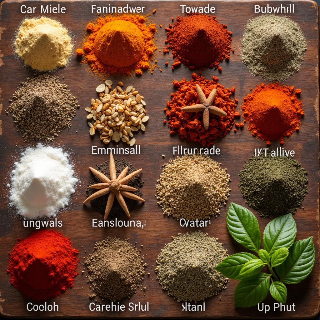 A variety of spices and herbs labeled with their names.