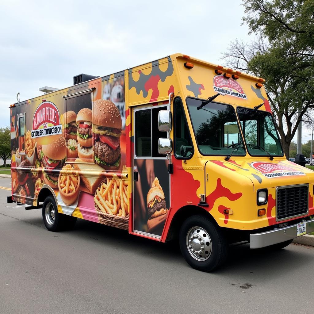 A vibrant and eye-catching food truck wrap featuring custom decals of delicious food items and the truck's logo.