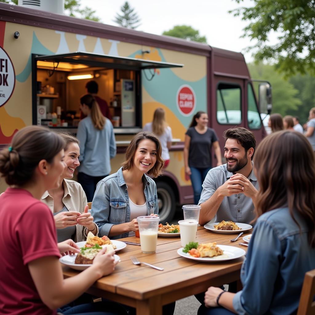 Happy customers enjoying meals from a Flavor Junction Food Truck