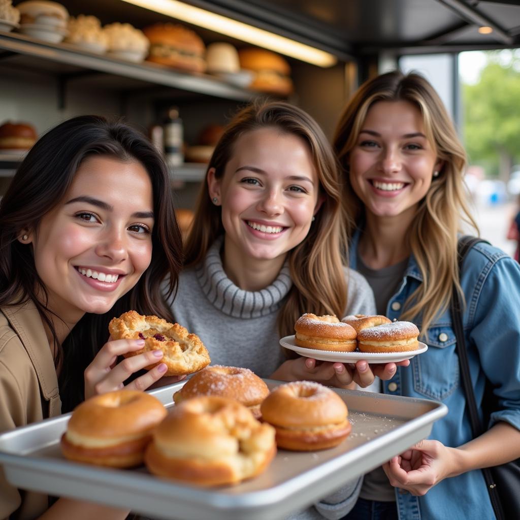 Happy customers enjoying freshly baked treats outside a bakery food trailer