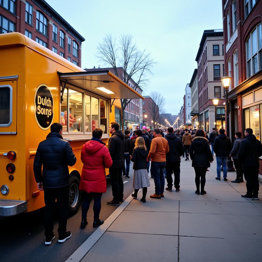 Customers lining up to order from a food truck.