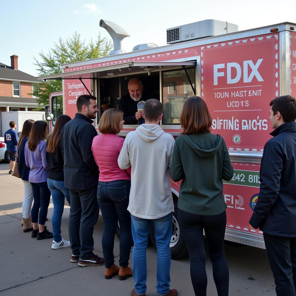 Customers ordering from a food truck with attractive decals