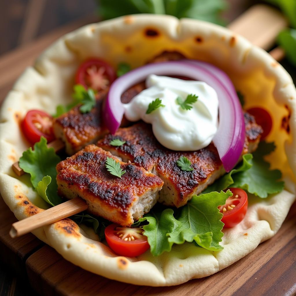 Close-up of Cypriot souvlaki wrapped in pita bread with fresh vegetables and tzatziki.