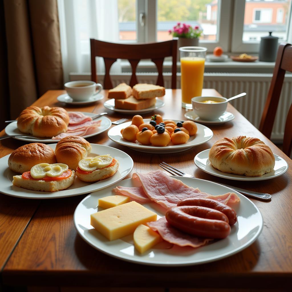 A table spread with traditional Czech breakfast items including rohlíky, chlebíček, šunka, sýr, and párk