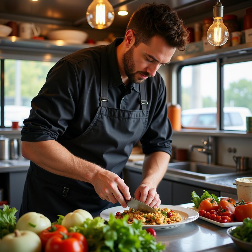 Dave, the head chef, meticulously preparing a dish inside his food truck, showcasing the fresh ingredients and his dedication to quality.