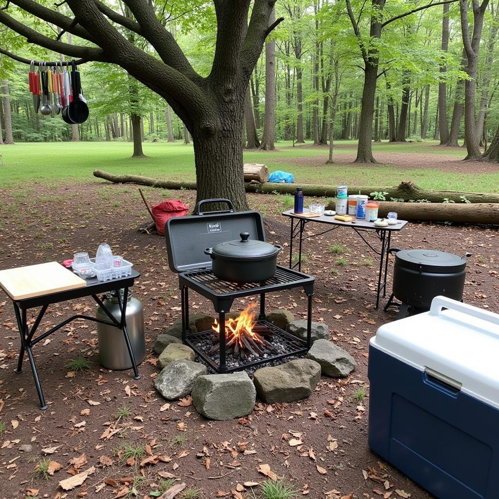 Deer camp cooking setup with various equipment