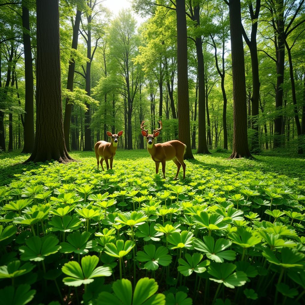 Deer grazing on a lush clover food plot in spring