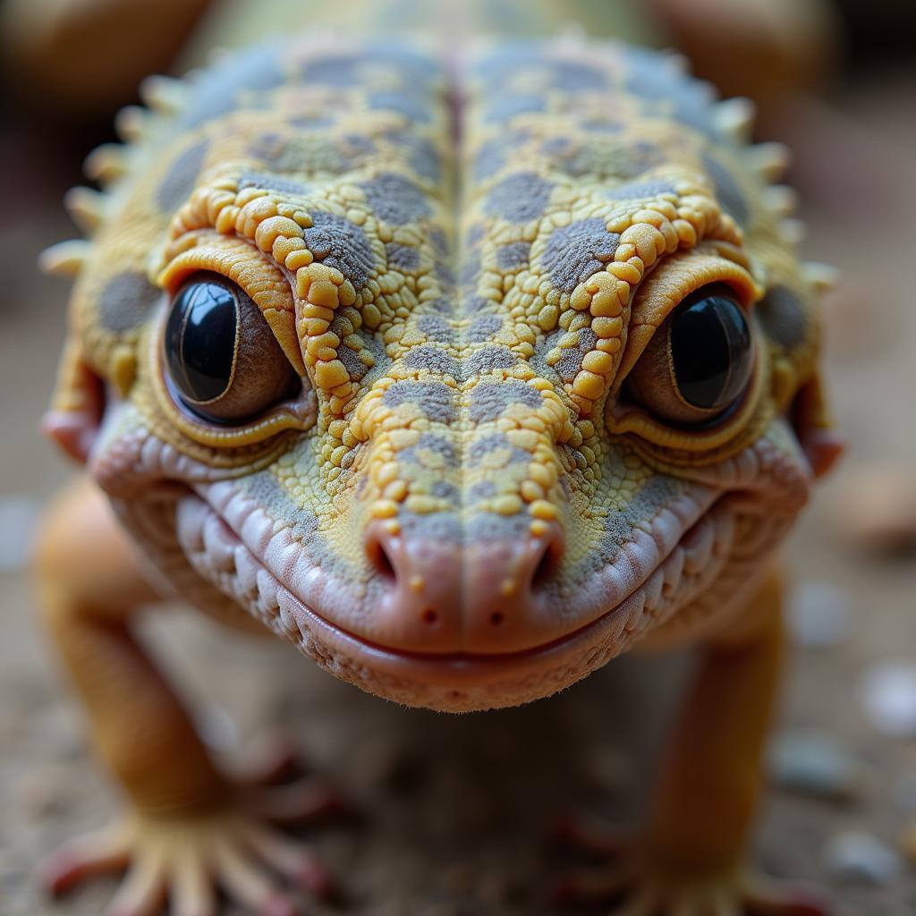 A close-up of a gecko showing signs of dehydration, such as sunken eyes and wrinkled skin.