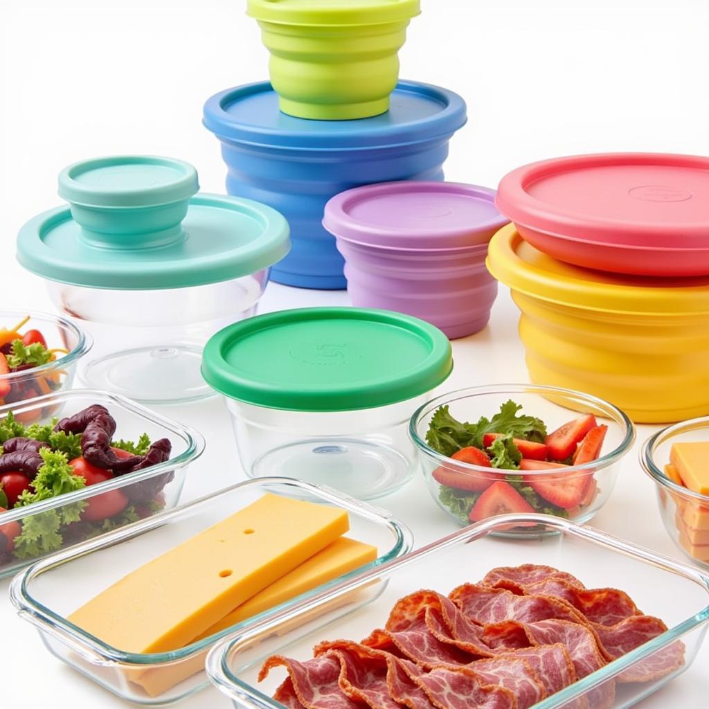 Glass, plastic, and silicone deli food storage containers with various lids.