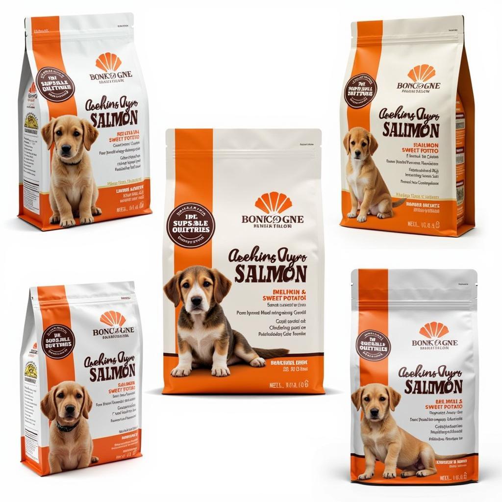 A variety of salmon and sweet potato puppy food bags from different brands.