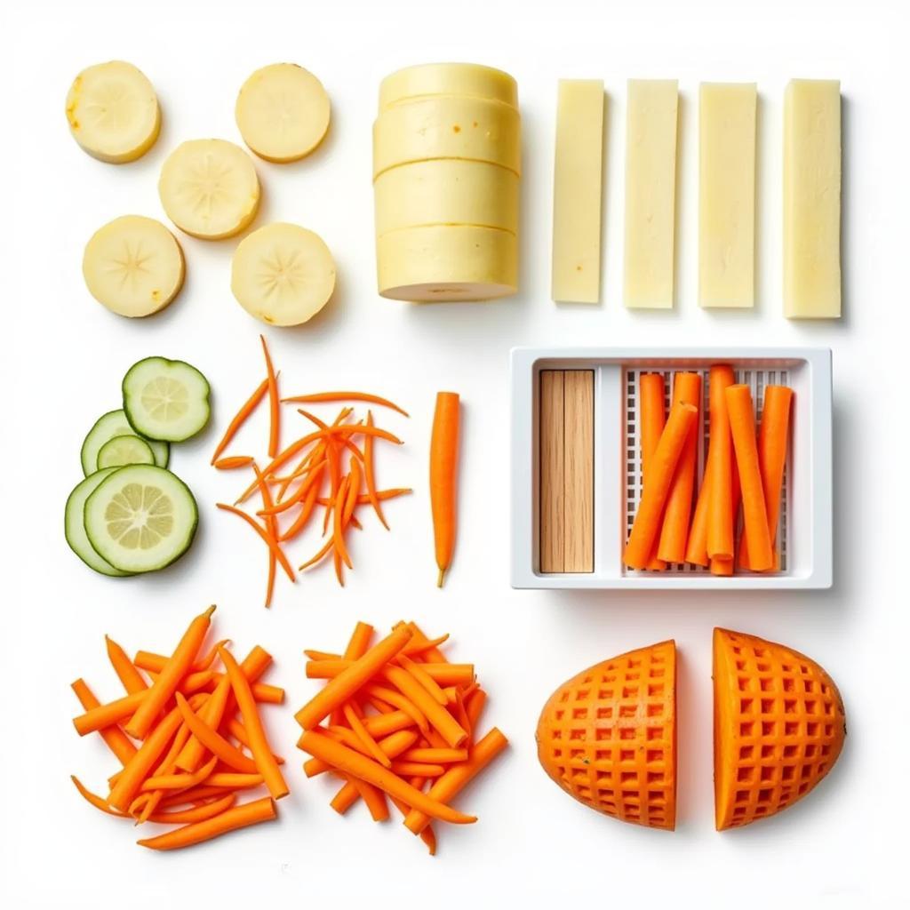 Variety of cuts achievable with a mandoline slicer, including slices, juliennes, and waffle cuts.