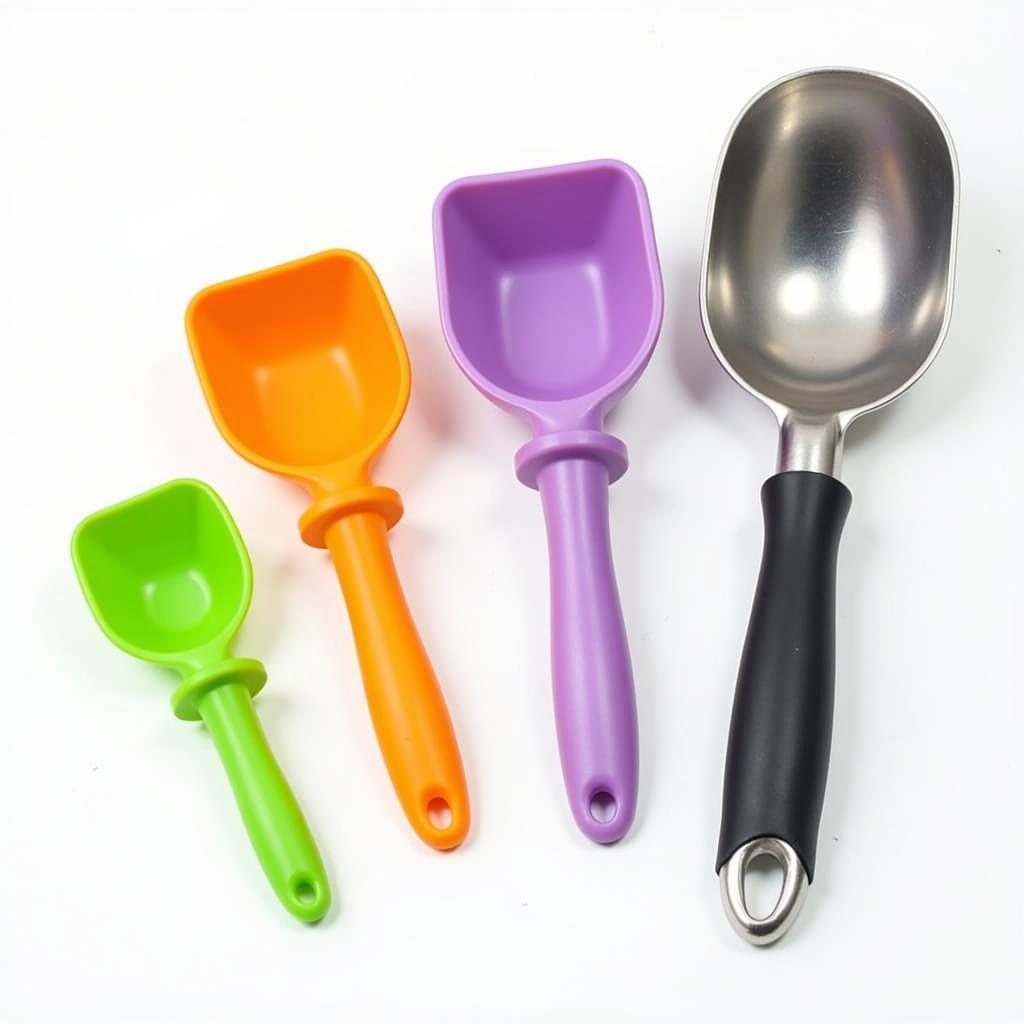 Various dog food scoops showing different sizes and materials