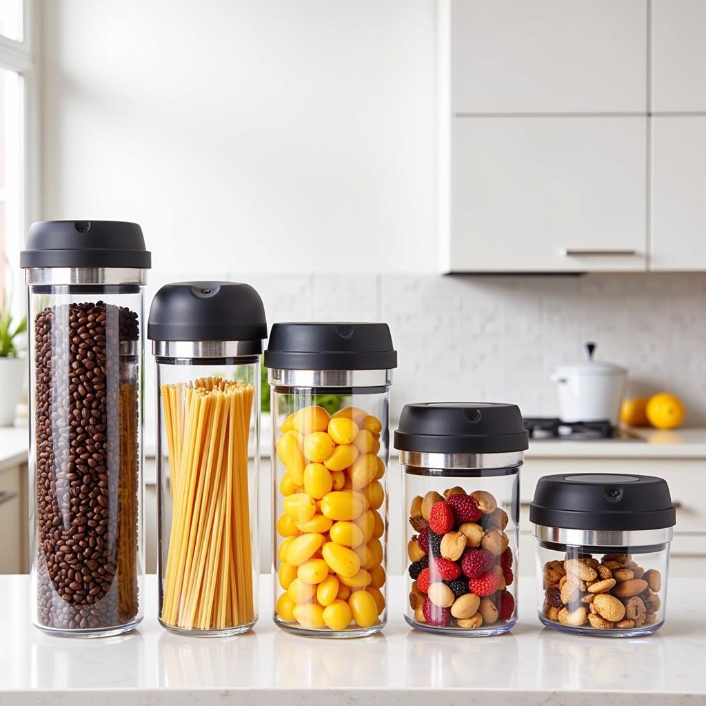 An array of different sized vacuum canisters on a kitchen counter, showcasing their versatility