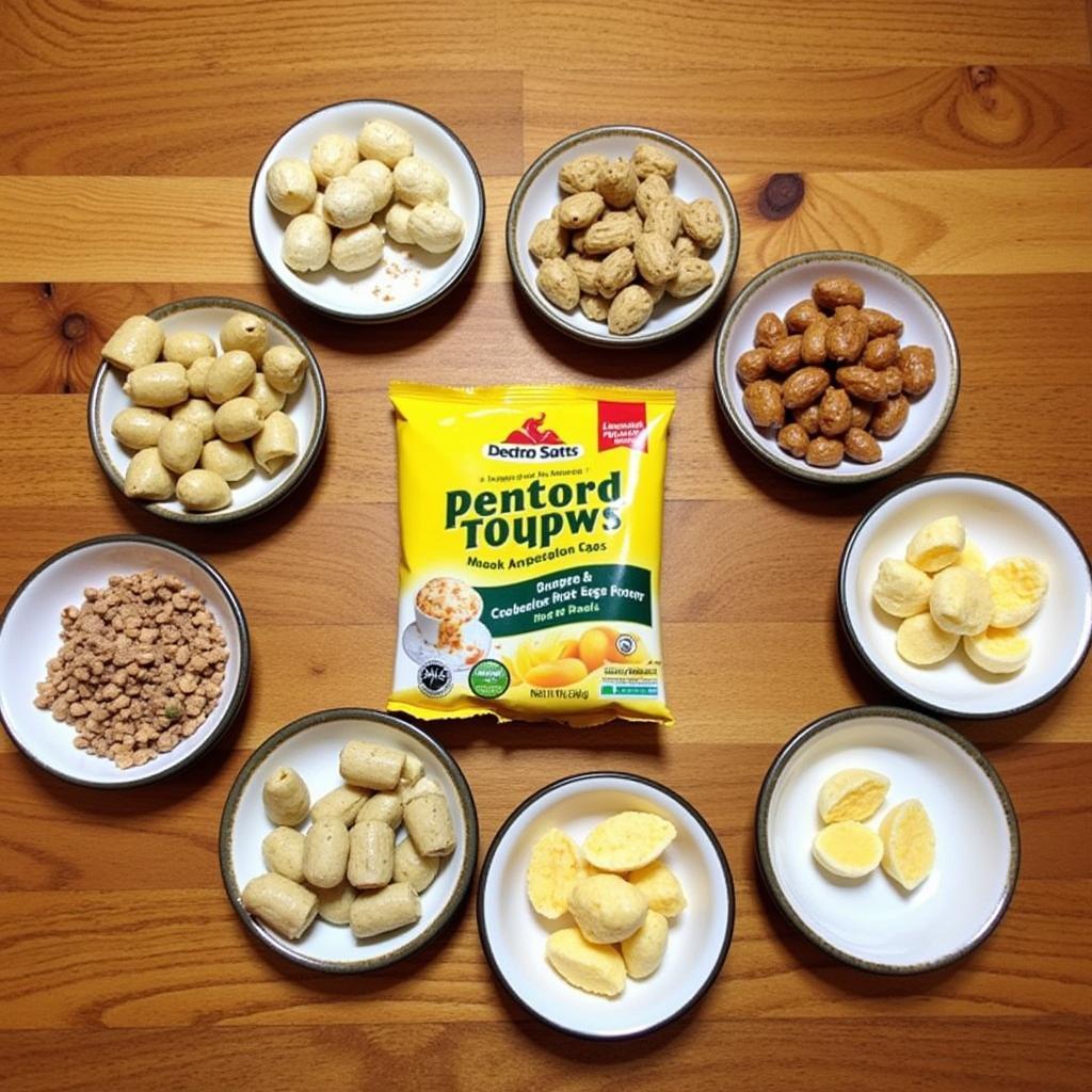 Various types of canary egg food displayed on a table, including dry mix, moist crumbles, and biscuits.