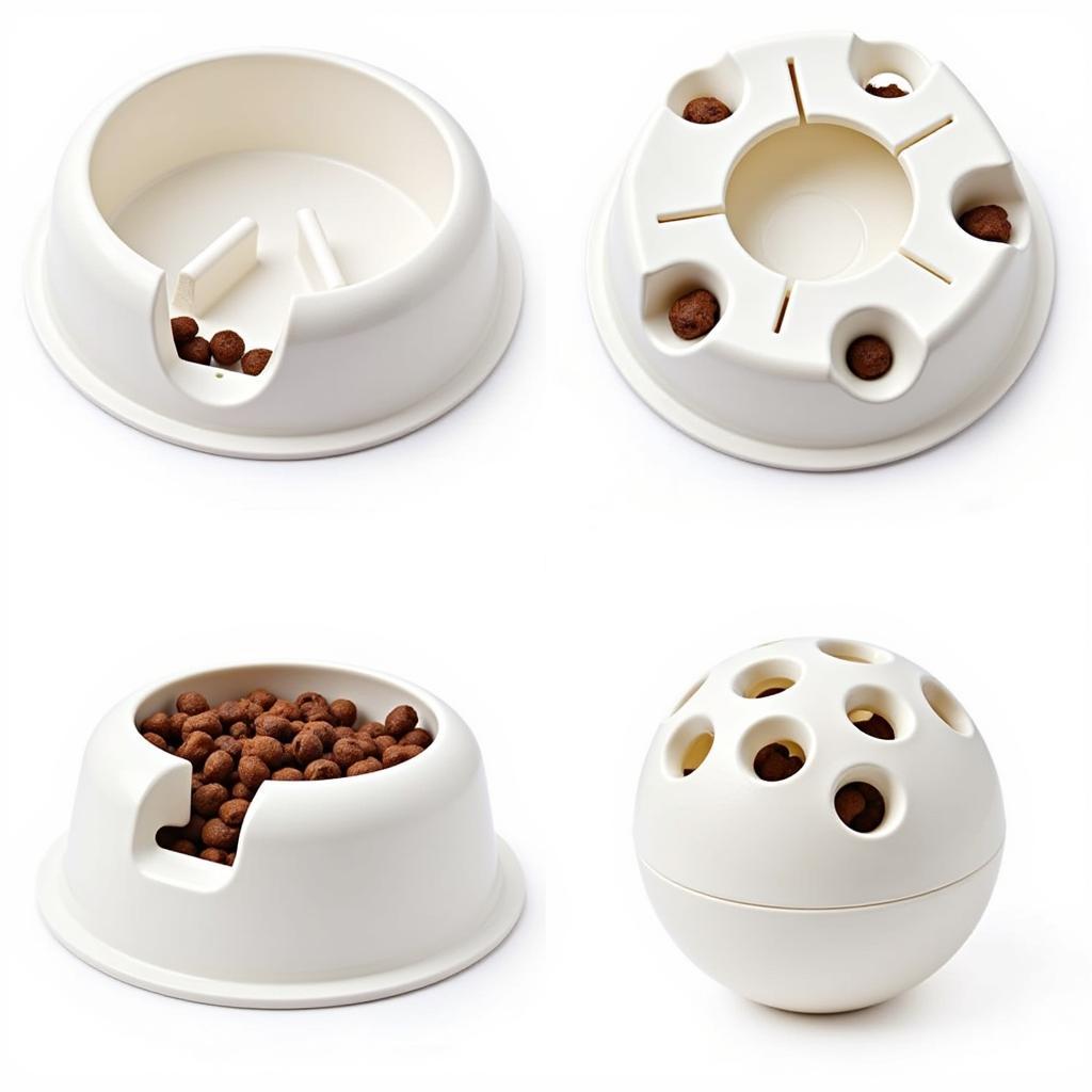 A variety of cat wet food puzzle feeders displayed on a table.