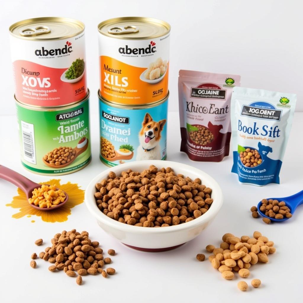 Various types of dog food, including dry kibble and wet food in cans and pouches