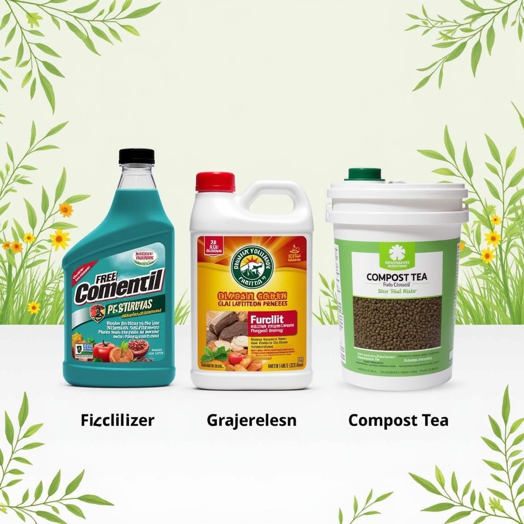 Various types of money plant fertilizer: liquid, granular, and organic options like compost tea. 