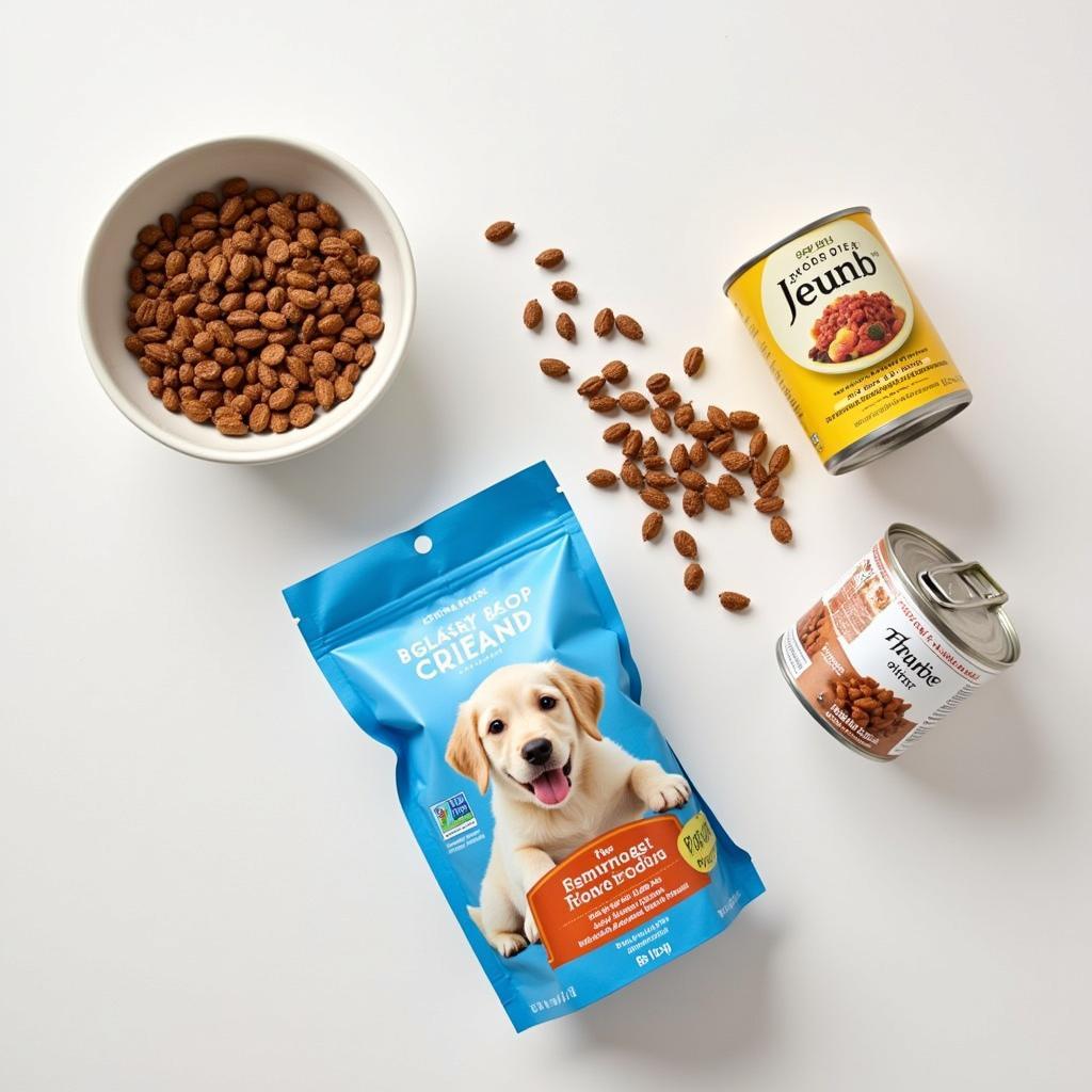 Various types of puppy food: kibble, wet food, and freeze-dried.