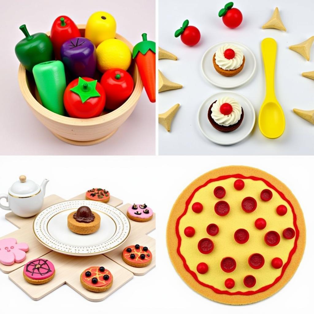 A collage showcasing different types of realistic play food, including wooden, plastic, and felt options.