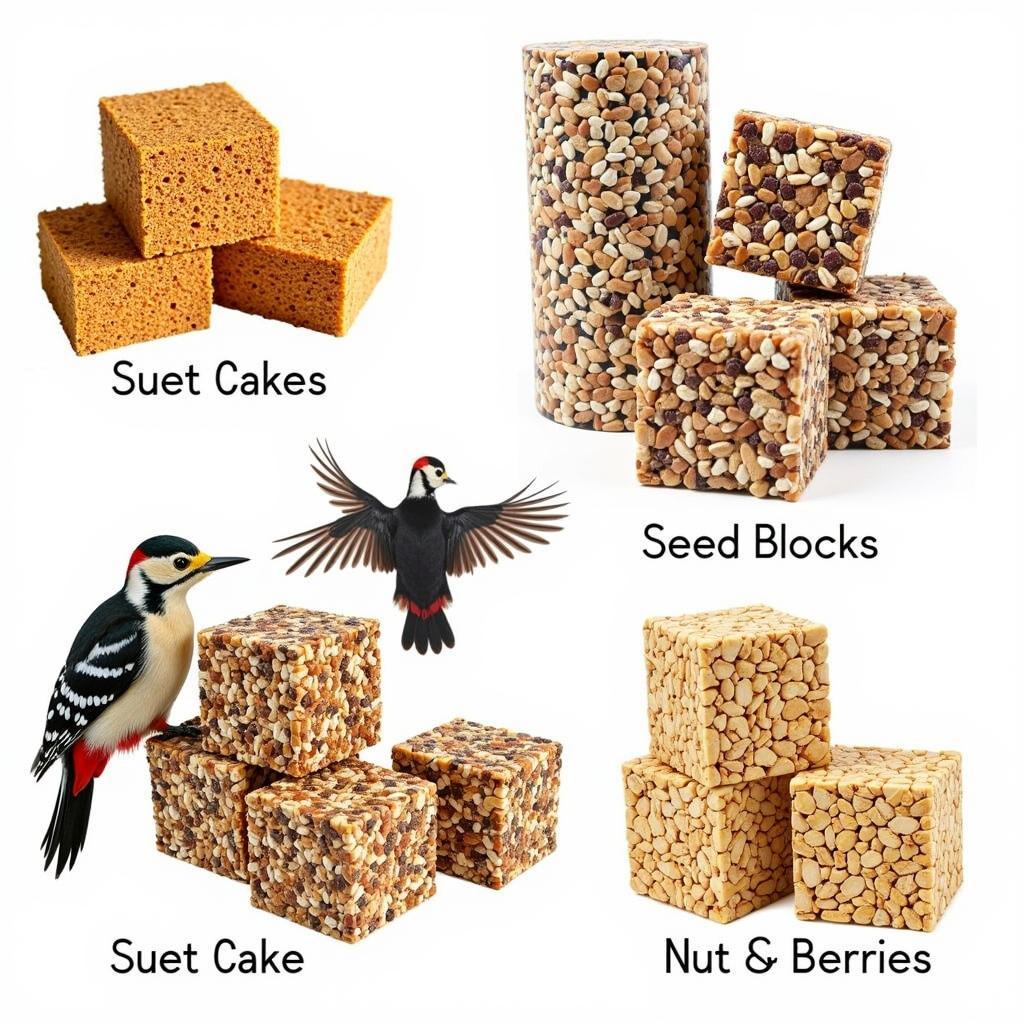 A variety of woodpecker food blocks, including suet cakes, seed blocks, and nut and berry mixtures.